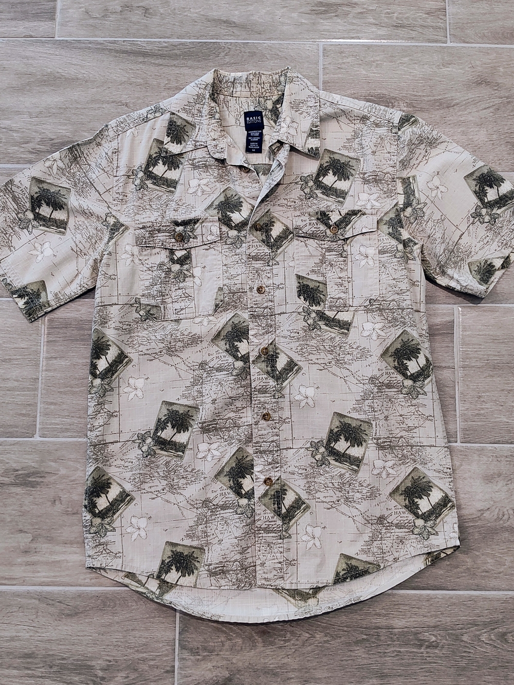 Basic editions Men’s Beige Hawaiian Print Short-Sleeve Shirt
